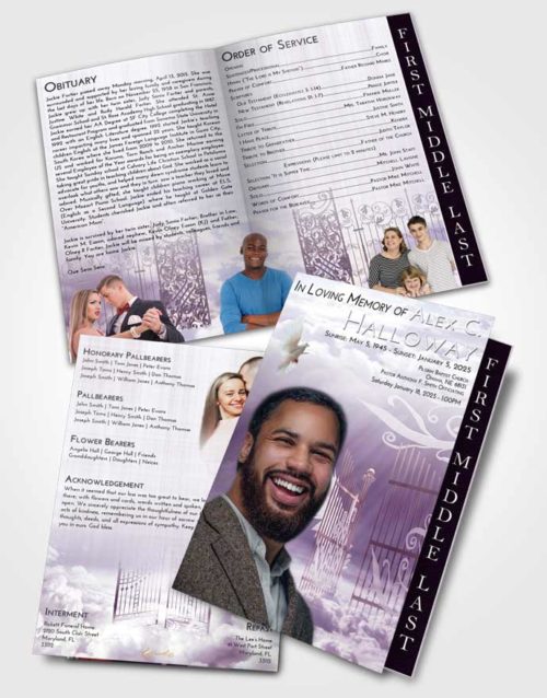 2 Page Graduated Step Fold Funeral Program Template Brochure Lavender Sunrise Precious Gates to Heaven
