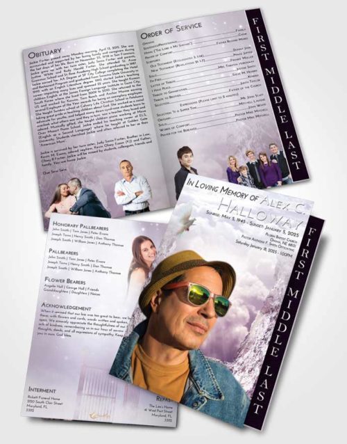 2 Page Graduated Step Fold Funeral Program Template Brochure Lavender Sunrise Rocky Gates to Heaven