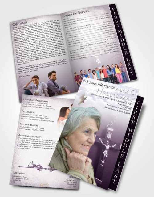 2 Page Graduated Step Fold Funeral Program Template Brochure Lavender Sunrise Rosary Love