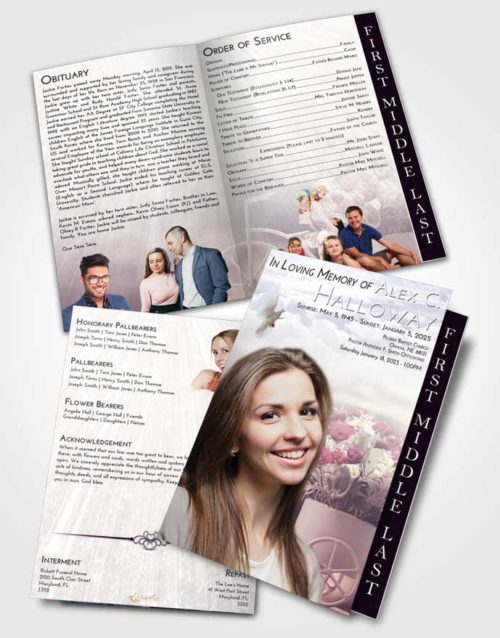 2 Page Graduated Step Fold Funeral Program Template Brochure Lavender Sunrise Rose Love