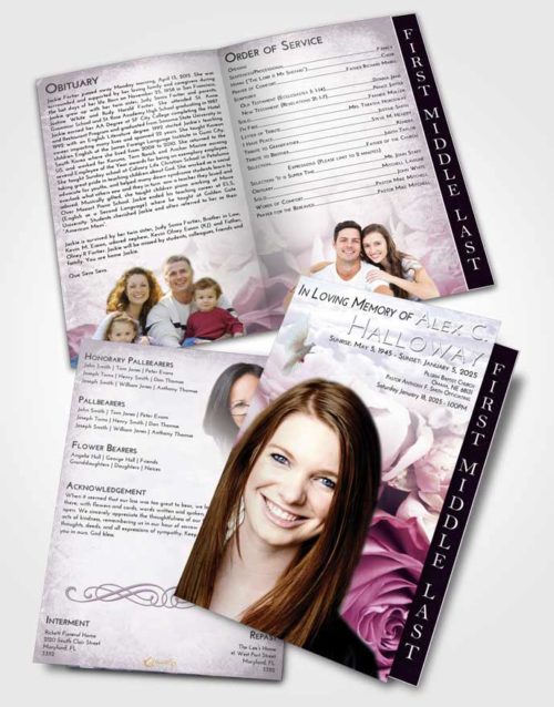 2 Page Graduated Step Fold Funeral Program Template Brochure Lavender Sunrise Rose Magic