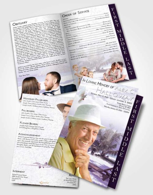 2 Page Graduated Step Fold Funeral Program Template Brochure Lavender Sunrise Sandy Beach