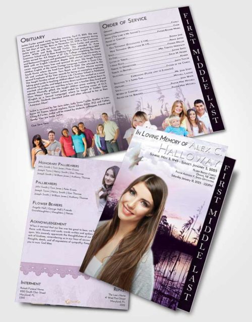 2 Page Graduated Step Fold Funeral Program Template Brochure Lavender Sunrise Serenity Lake