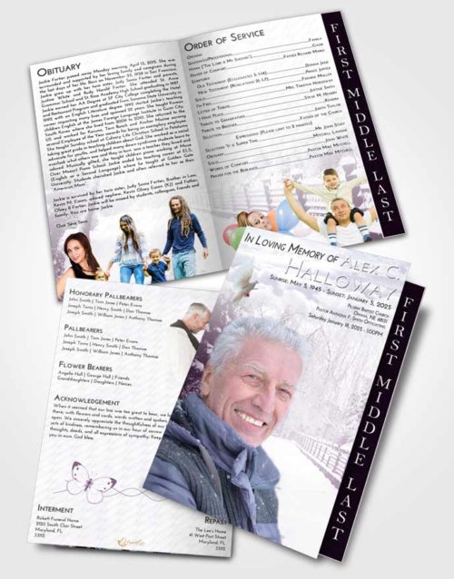 2 Page Graduated Step Fold Funeral Program Template Brochure Lavender Sunrise Snow Walk