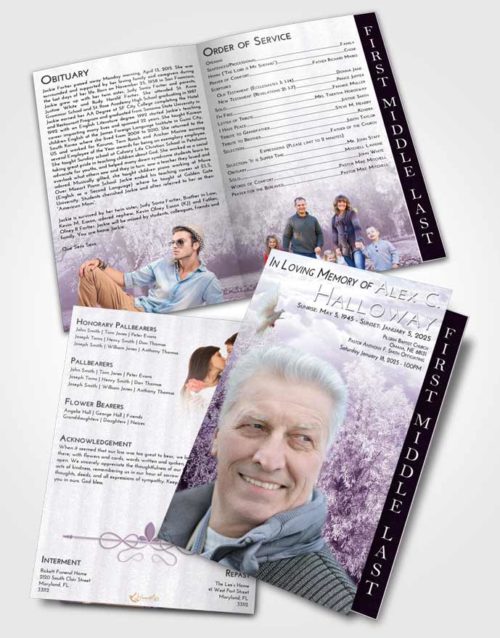 2 Page Graduated Step Fold Funeral Program Template Brochure Lavender Sunrise Snowy Love