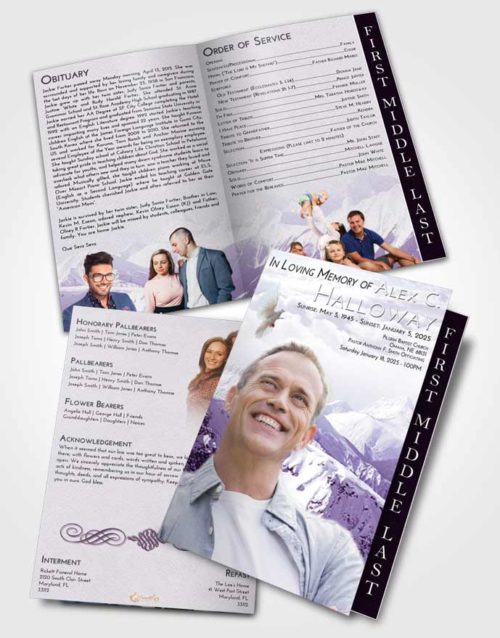 2 Page Graduated Step Fold Funeral Program Template Brochure Lavender Sunrise Snowy Mountains
