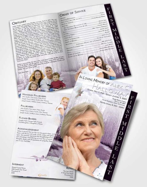 2 Page Graduated Step Fold Funeral Program Template Brochure Lavender Sunrise Snowy Stream