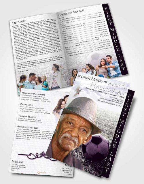 2 Page Graduated Step Fold Funeral Program Template Brochure Lavender Sunrise Soccer Journey
