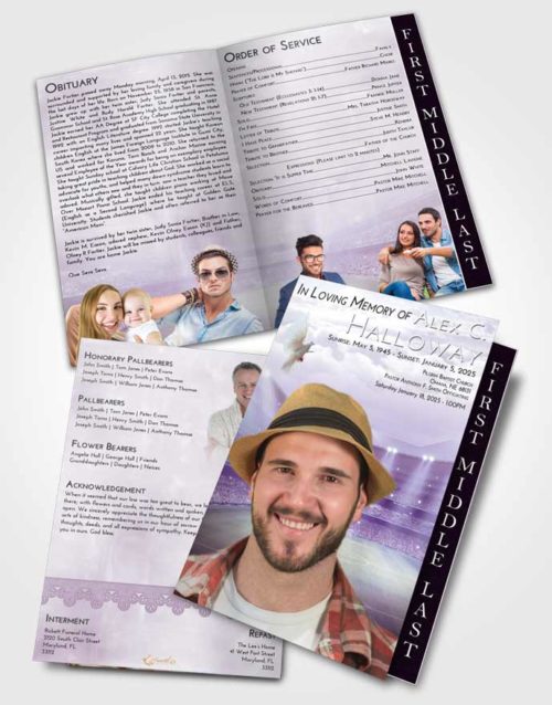 2 Page Graduated Step Fold Funeral Program Template Brochure Lavender Sunrise Soccer Stadium