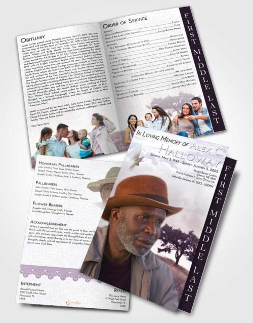 2 Page Graduated Step Fold Funeral Program Template Brochure Lavender Sunrise Solumn Tree