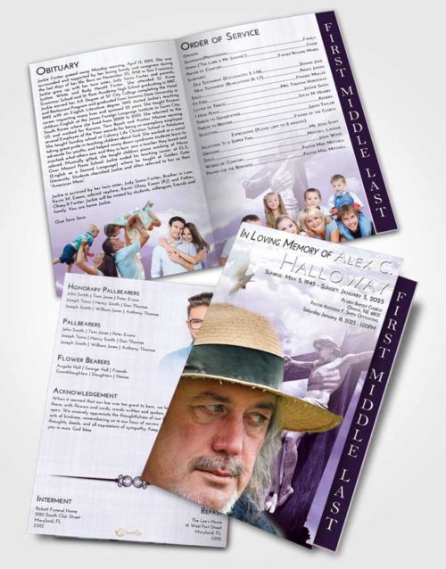 2 Page Graduated Step Fold Funeral Program Template Brochure Lavender Sunrise Spiritual Cross