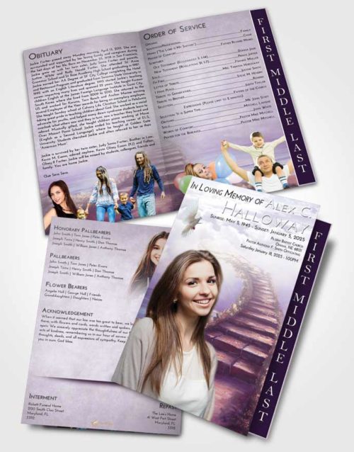2 Page Graduated Step Fold Funeral Program Template Brochure Lavender Sunrise Stairway Above