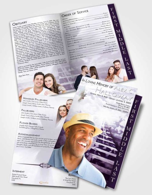 2 Page Graduated Step Fold Funeral Program Template Brochure Lavender Sunrise Stairway for the Soul