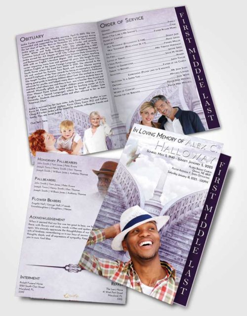 2 Page Graduated Step Fold Funeral Program Template Brochure Lavender Sunrise Stairway of Love