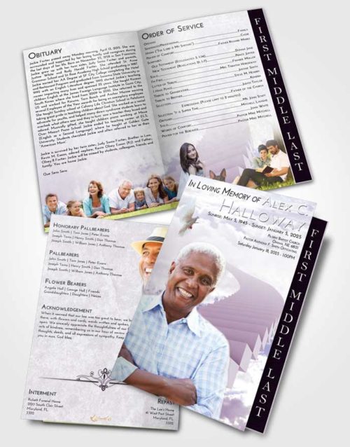 2 Page Graduated Step Fold Funeral Program Template Brochure Lavender Sunrise Stairway to Divinity