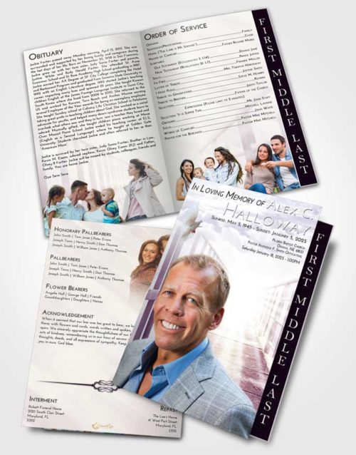 2 Page Graduated Step Fold Funeral Program Template Brochure Lavender Sunrise Stairway to Faith