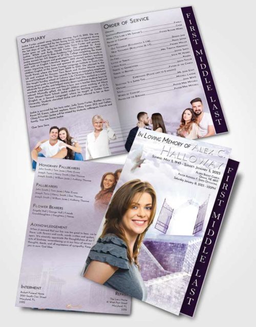 2 Page Graduated Step Fold Funeral Program Template Brochure Lavender Sunrise Stairway to the Gates of Heaven
