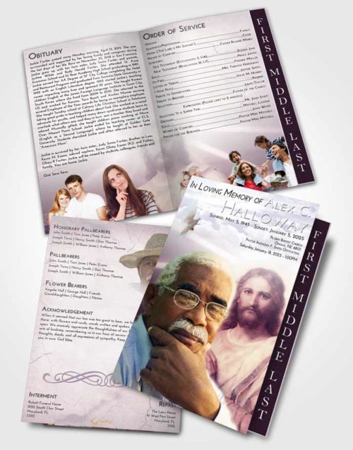 2 Page Graduated Step Fold Funeral Program Template Brochure Lavender Sunrise Star of Jesus