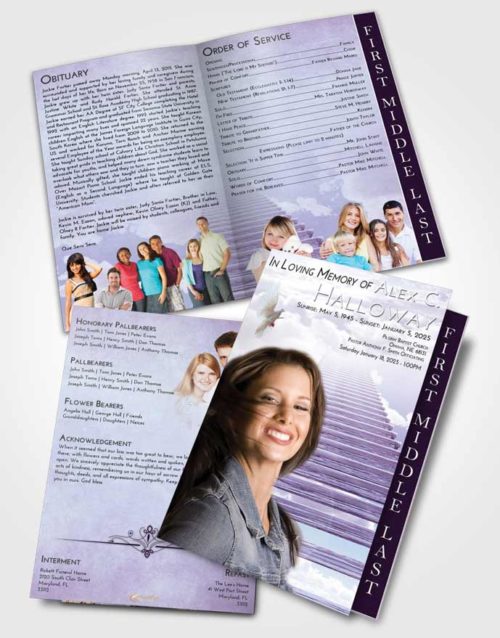 2 Page Graduated Step Fold Funeral Program Template Brochure Lavender Sunrise Steps to Heaven