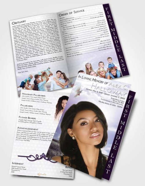 2 Page Graduated Step Fold Funeral Program Template Brochure Lavender Sunrise Summer Fields
