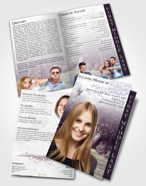 2 Page Graduated Step Fold Funeral Program Template Brochure Lavender Sunrise Summer Forest