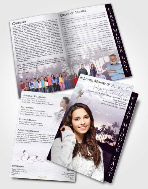 2 Page Graduated Step Fold Funeral Program Template Brochure Lavender Sunrise Summer Palms