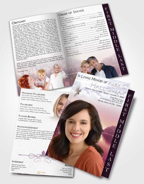 2 Page Graduated Step Fold Funeral Program Template Brochure Lavender Sunrise Sun Blaze