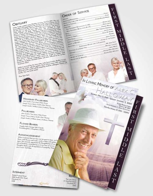 2 Page Graduated Step Fold Funeral Program Template Brochure Lavender Sunrise The Cross of Life