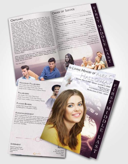 2 Page Graduated Step Fold Funeral Program Template Brochure Lavender Sunrise Tree Serenity