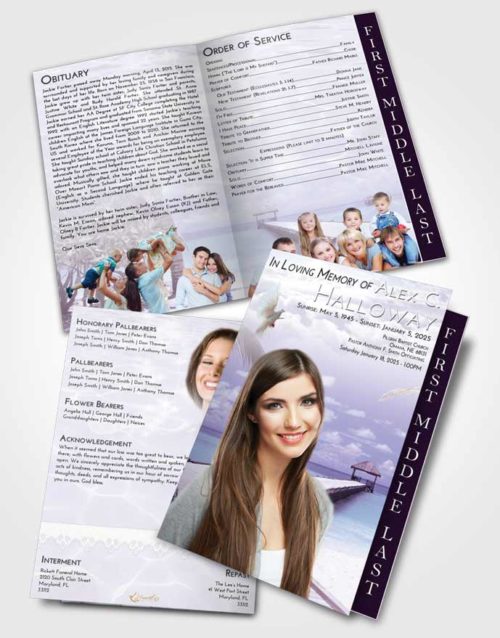 2 Page Graduated Step Fold Funeral Program Template Brochure Lavender Sunrise Tropical Ocean Walk