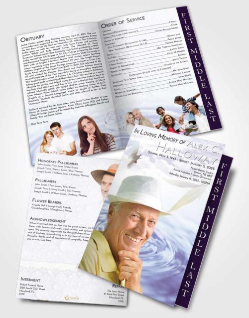 2 Page Graduated Step Fold Funeral Program Template Brochure Lavender Sunrise Water Droplet