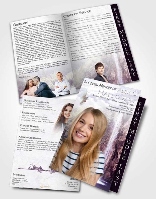 2 Page Graduated Step Fold Funeral Program Template Brochure Lavender Sunrise Waterfall Happiness