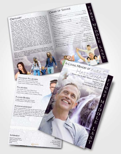 2 Page Graduated Step Fold Funeral Program Template Brochure Lavender Sunrise Waterfall Paradise