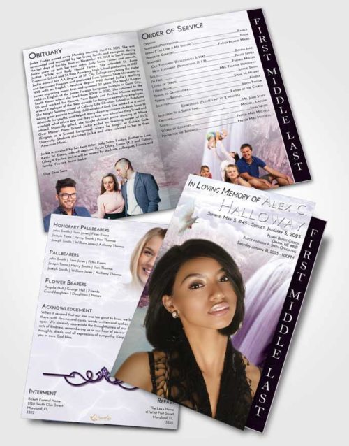 2 Page Graduated Step Fold Funeral Program Template Brochure Lavender Sunrise Waterfall Serenity