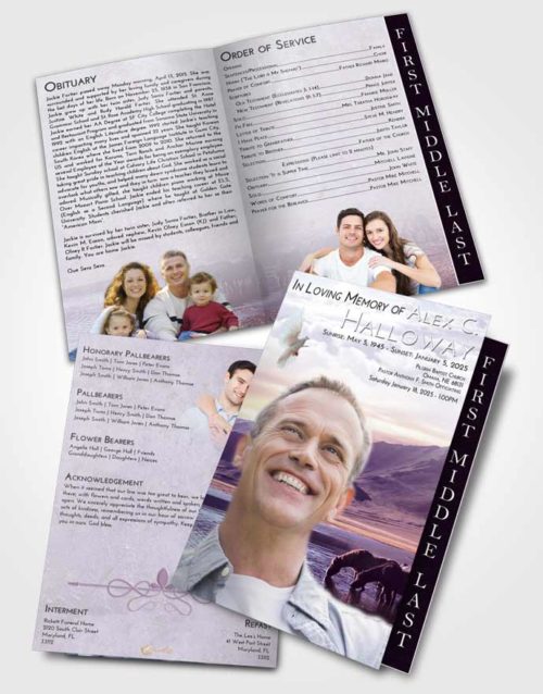 2 Page Graduated Step Fold Funeral Program Template Brochure Lavender Sunrise Watering Hole