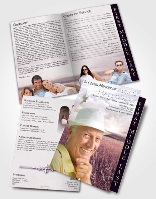 2 Page Graduated Step Fold Funeral Program Template Brochure Lavender Sunrise Wheat Fields