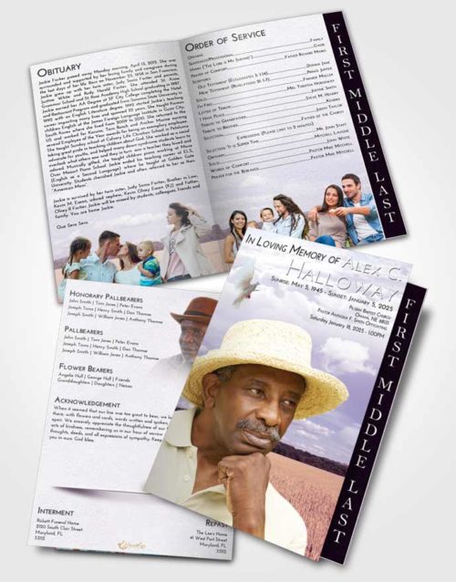 2 Page Graduated Step Fold Funeral Program Template Brochure Lavender Sunrise Wheat Serenity