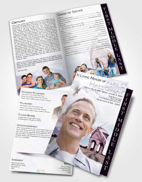 2 Page Graduated Step Fold Funeral Program Template Brochure Lavender Sunrise Windmill of Honor