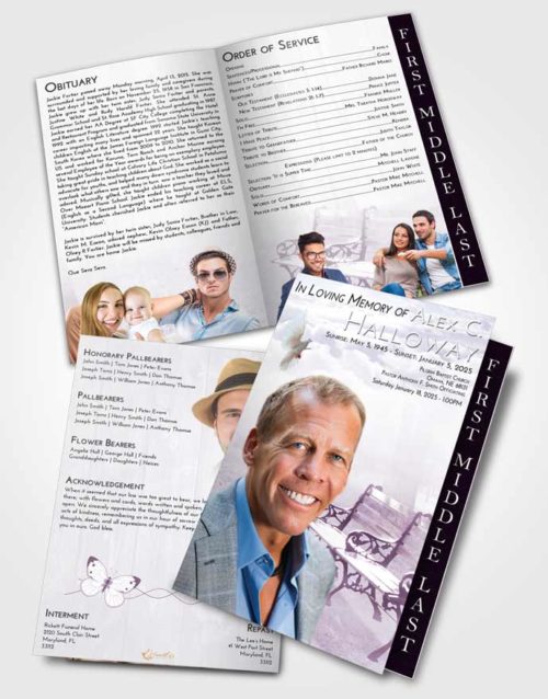 2 Page Graduated Step Fold Funeral Program Template Brochure Lavender Sunrise Winter Bench