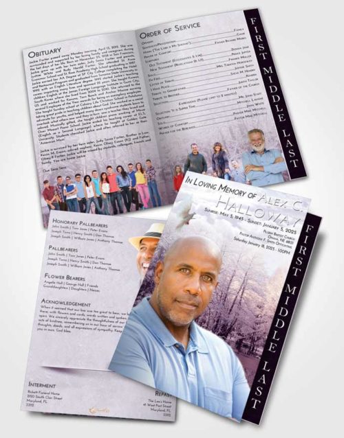2 Page Graduated Step Fold Funeral Program Template Brochure Lavender Sunrise Winter Pond