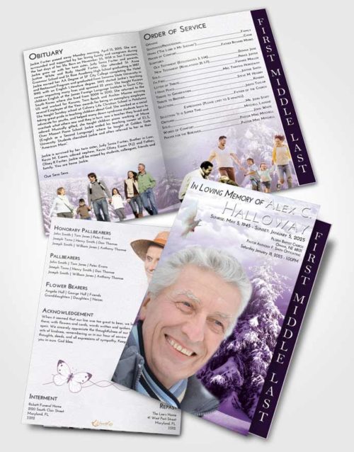 2 Page Graduated Step Fold Funeral Program Template Brochure Lavender Sunrise Winter Wonderland