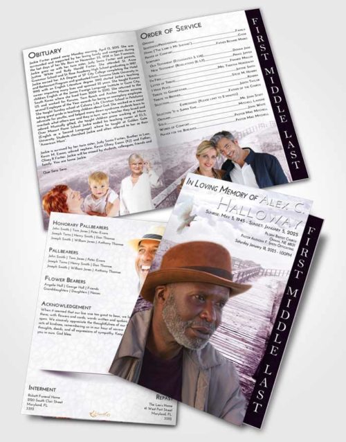 2 Page Graduated Step Fold Funeral Program Template Brochure Lavender Sunrise Wooden Walk