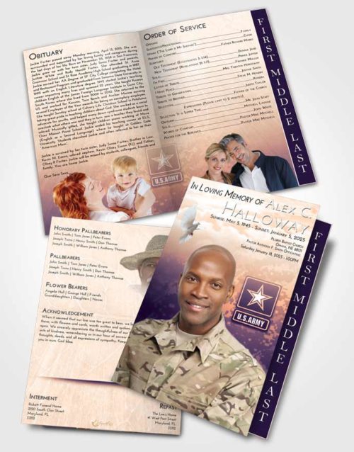 2 Page Graduated Step Fold Funeral Program Template Brochure Lavender Sunset Army Duty
