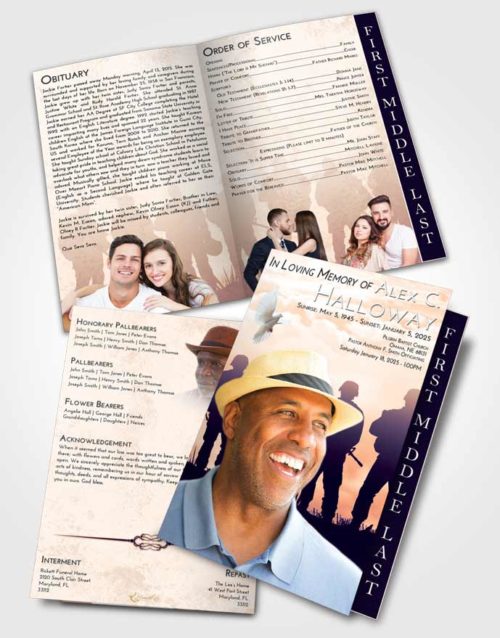 2 Page Graduated Step Fold Funeral Program Template Brochure Lavender Sunset Army Faith