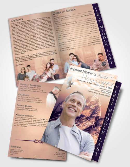 2 Page Graduated Step Fold Funeral Program Template Brochure Lavender Sunset Army Grit