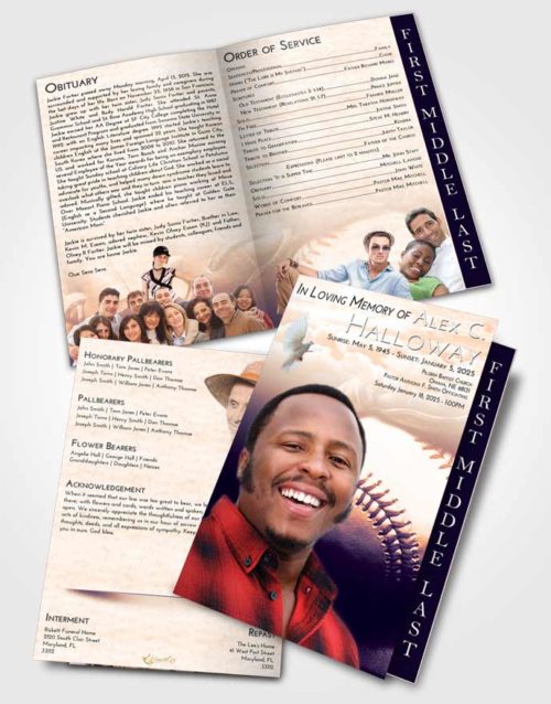 2 Page Graduated Step Fold Funeral Program Template Brochure Lavender Sunset Baseball Life
