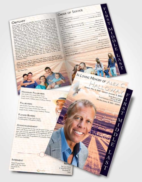 2 Page Graduated Step Fold Funeral Program Template Brochure Lavender Sunset Baseball Serenity