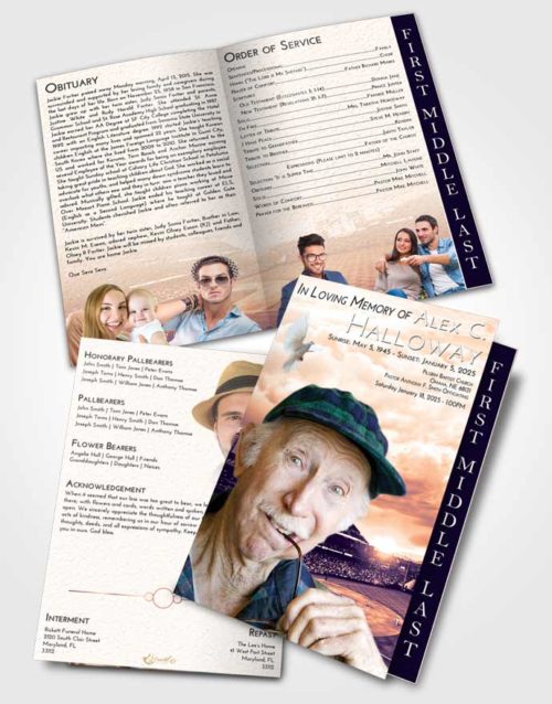 2 Page Graduated Step Fold Funeral Program Template Brochure Lavender Sunset Baseball Stadium
