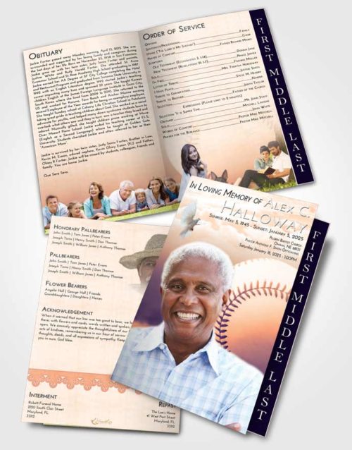 2 Page Graduated Step Fold Funeral Program Template Brochure Lavender Sunset Baseball Victory