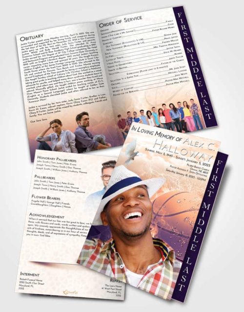 2 Page Graduated Step Fold Funeral Program Template Brochure Lavender Sunset Basketball Heat